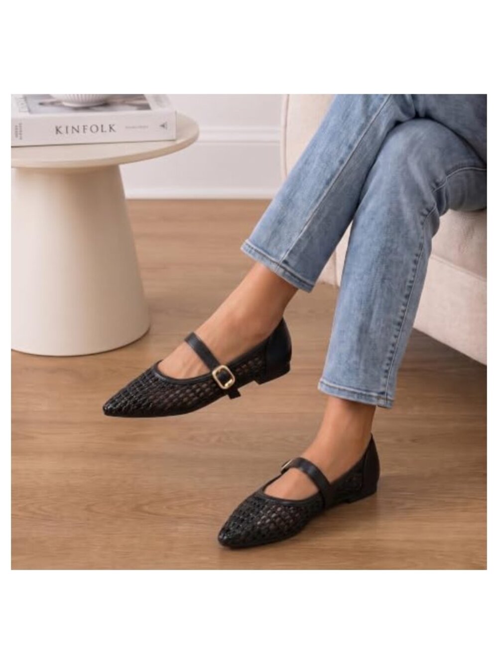 Woven Mesh Mary Jane Ballet Flats Pointed Toe Cushioned Comfort Shoes - Picture 6 of 6